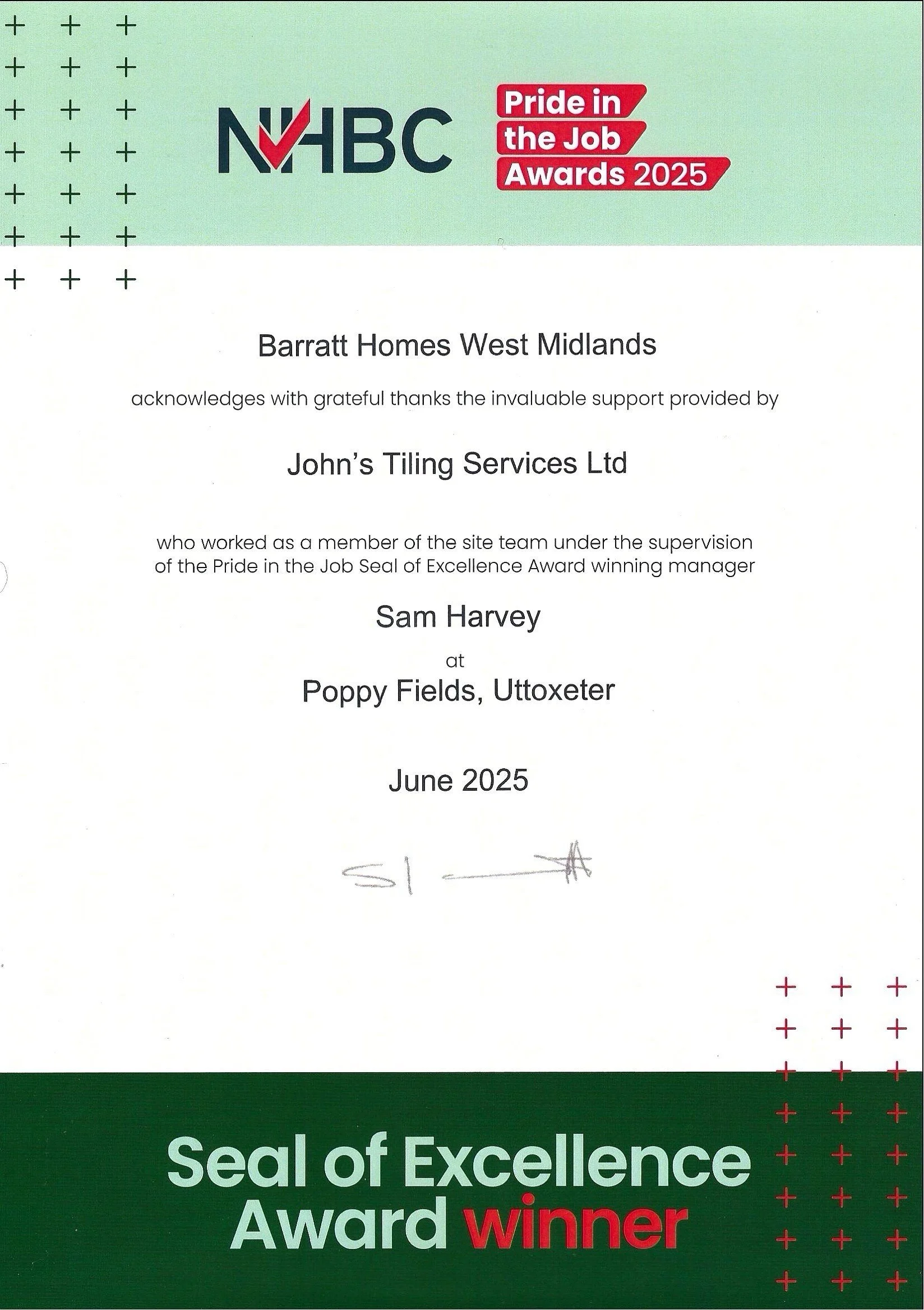 Certificate of recognition awarded to Barratt Homes West Midlands for being a winner of the Seal of Excellence Award in June 2025. The certificate is signed at the bottom.