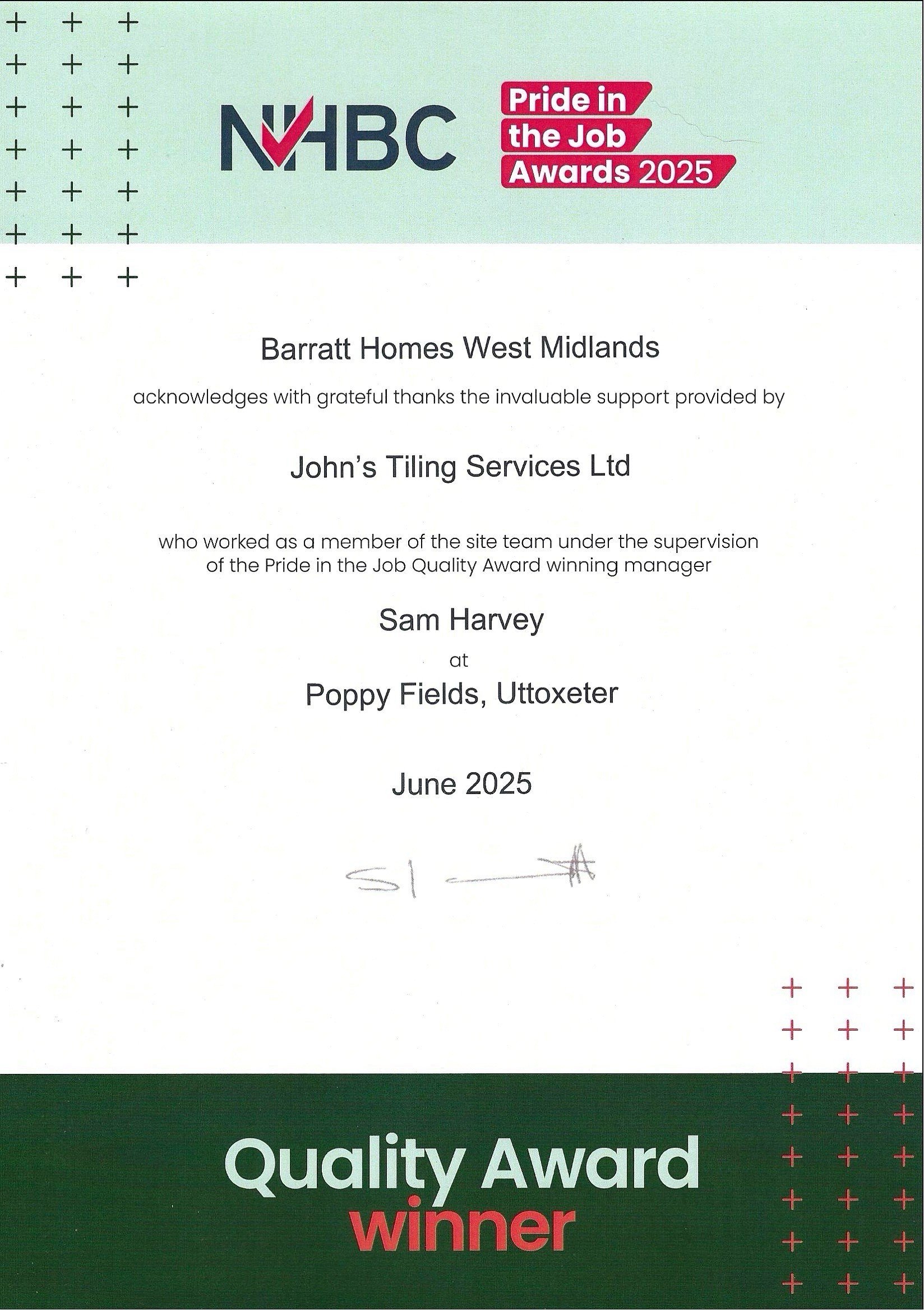 An award certificate for the Pride in the Job Awards 2025 presented to Barratt Homes West Midlands for quality, signed by Sam Harvey at Poppy Fields, Uttoxeter, June 2025.