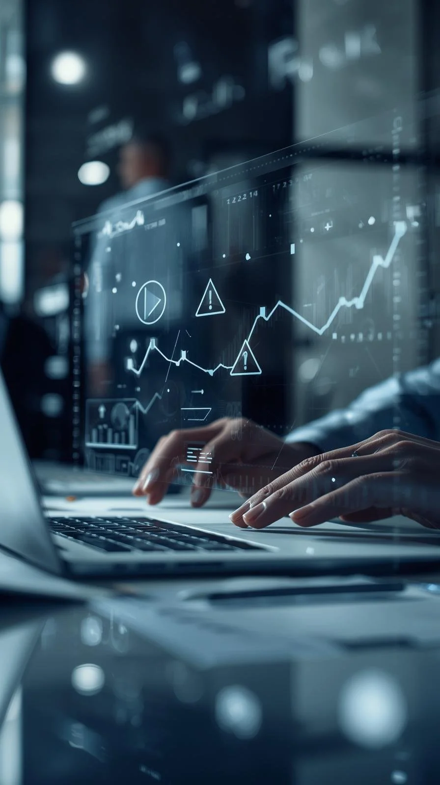 Persona analizando gráficos y datos en una pantalla digital en un entorno de oficina o sala de reuniones.