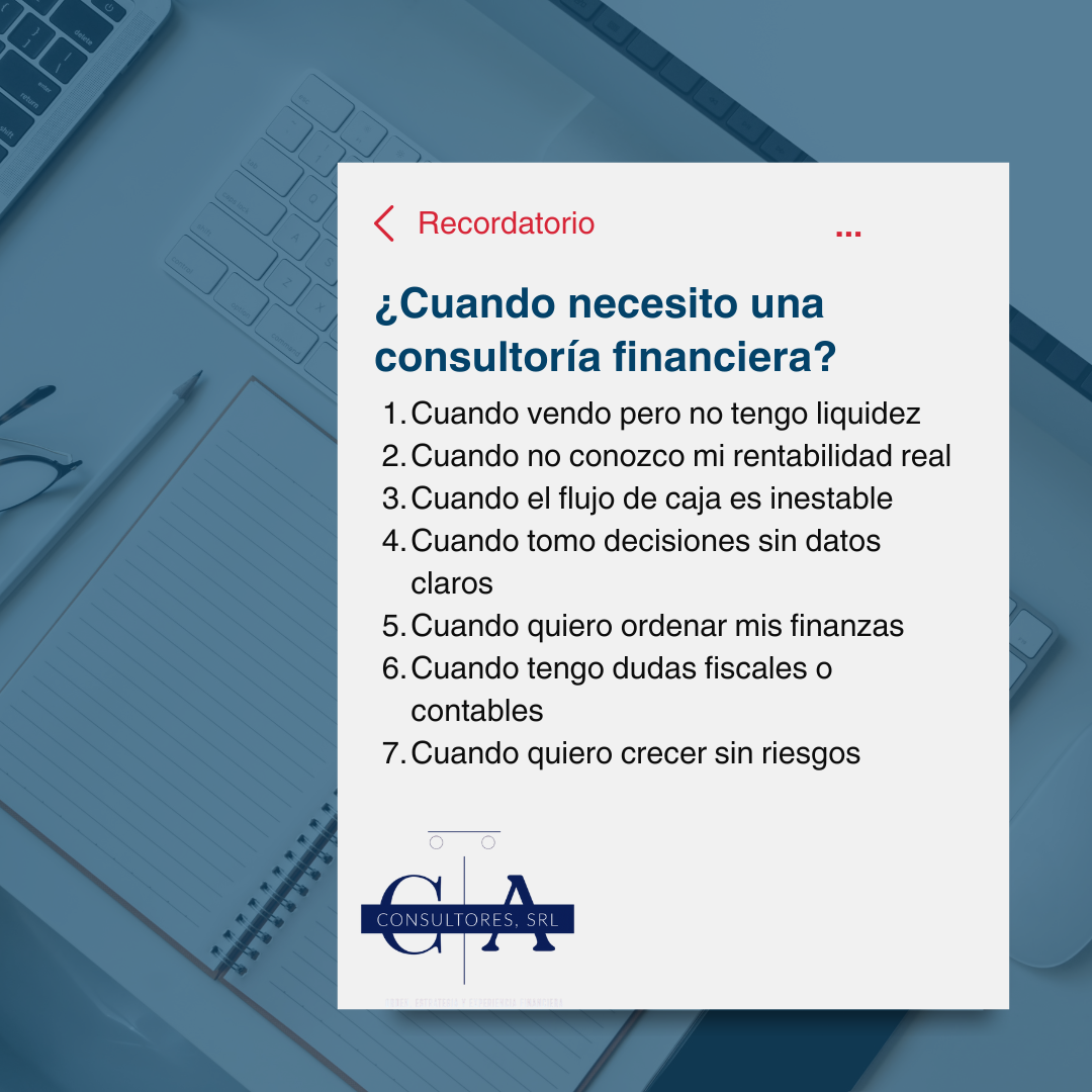 consultar un asesor financiero, incluyendo venta sin liquidez, desconocimiento de rentabilidad, flujo de caja inestable, decisiones sin datos, organización financiera, dudas fiscales y crecimiento sin riesgos.