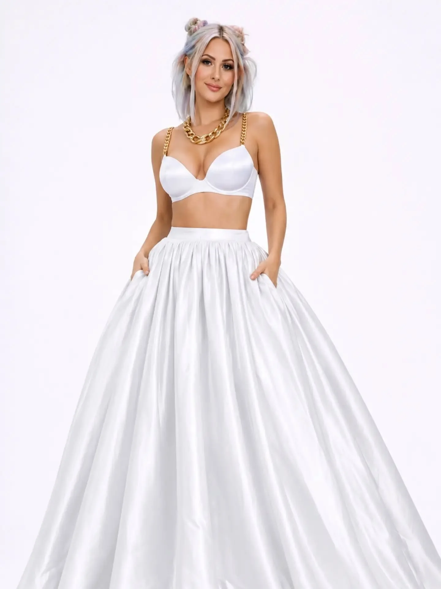 THE PRINCESS WHITE SATIN BRALETTE AND BALL GOWN SKIRT SET 
available now from the ODYSEIUS Party Formal 02 Collection
www.partyxatelier.ca