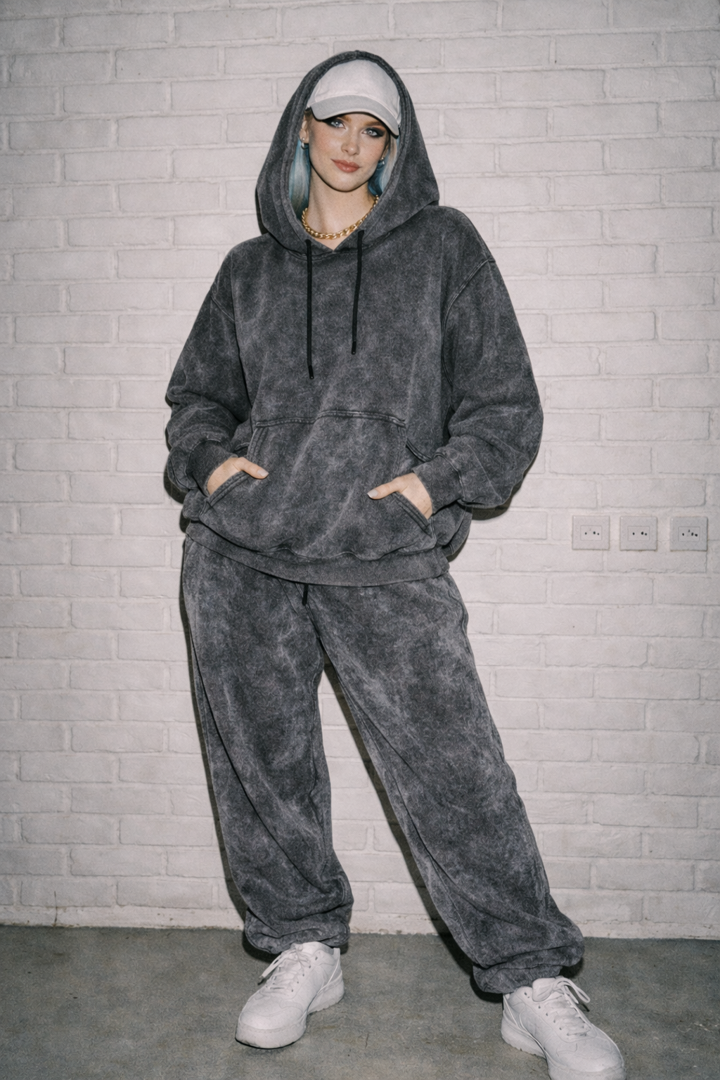 GREY ACID WASH HOODIE AND JOGGER CO-ORD SET