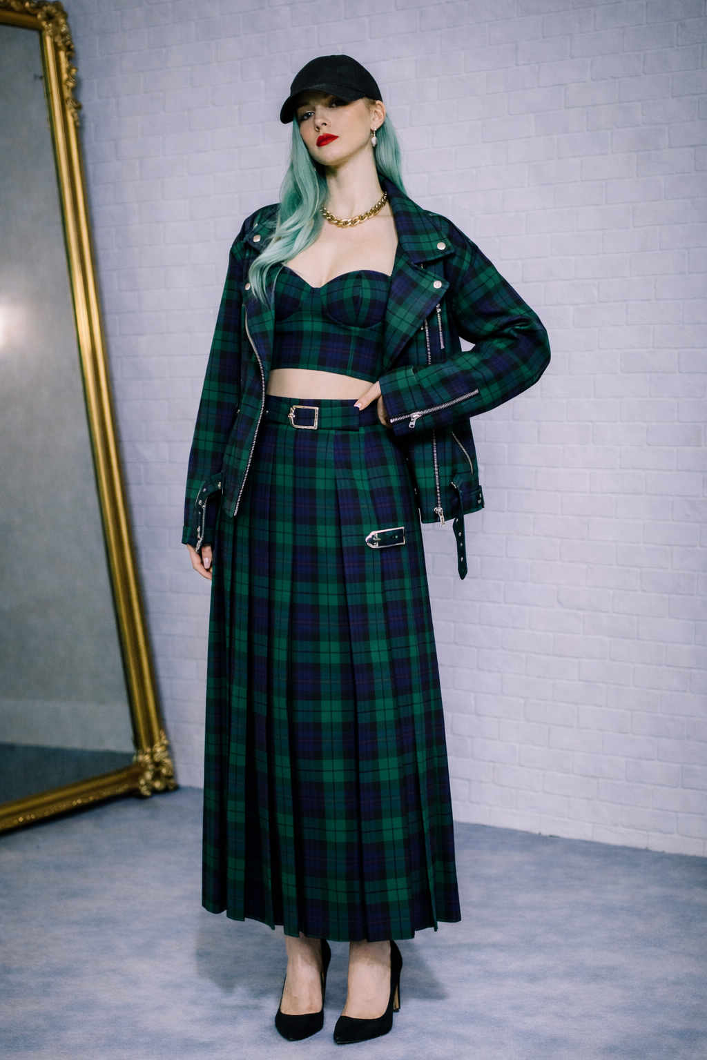 GREEN TARTAN PLAID KILT SKIRT