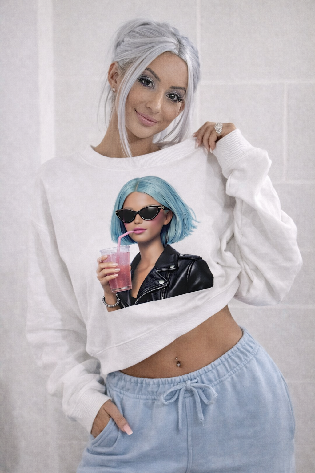 WHITE DOLL JUICE CREWNECK SWEATSHIRT