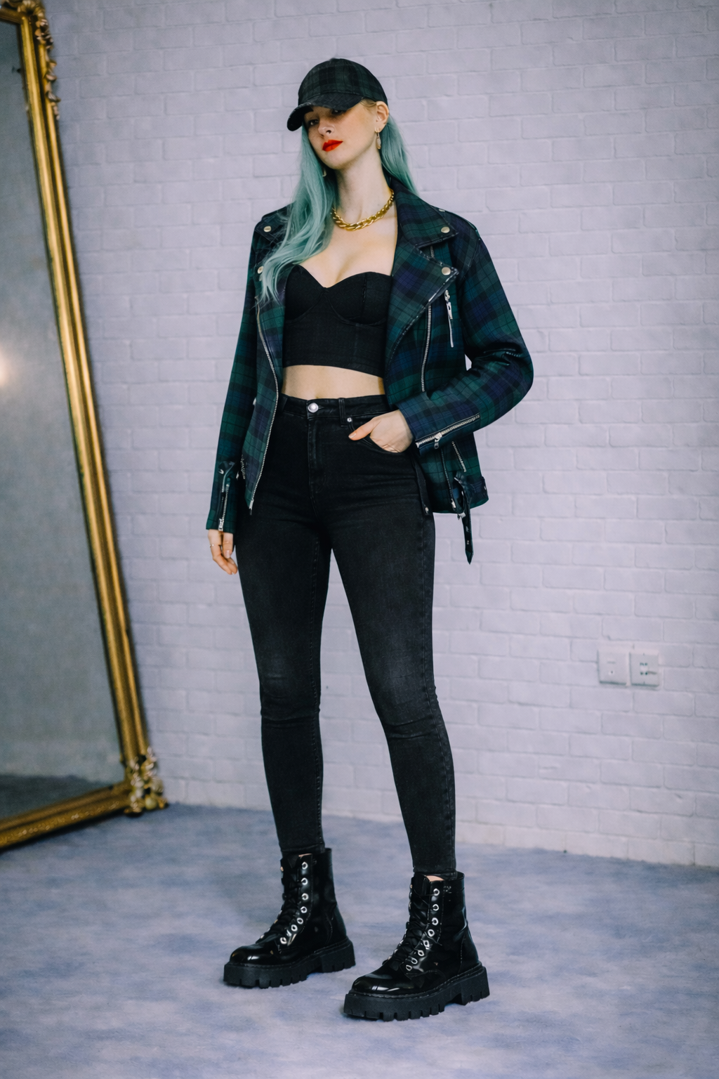 GREEN TARTAN PLAID MOTO JACKET