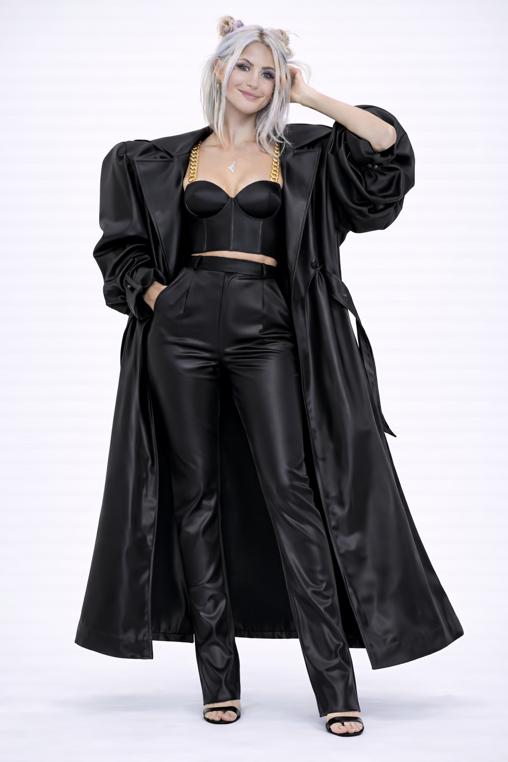 HEIRESS BLACK FAUX LEATHER TRENCH COAT, BUSTIER AND PANTS SET