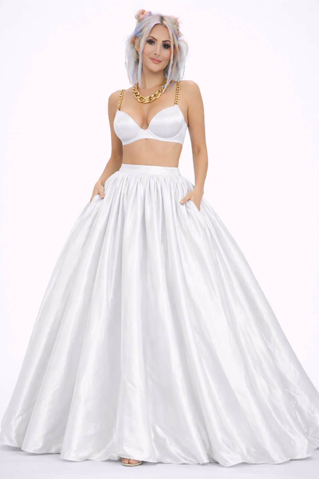 PRINCESS WHTE SATIN BRALETTE AND BALLGOWN SKIRT SET