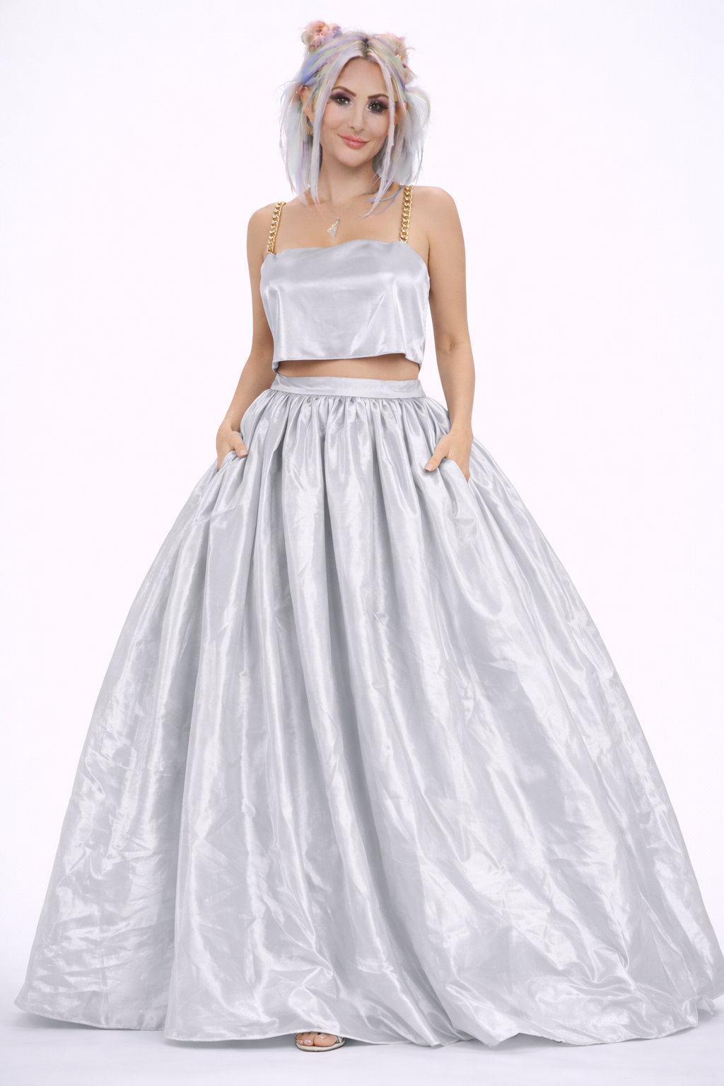 PRINCESS SILVER SATIN TOP AND BALLGOWN SKIRT SET