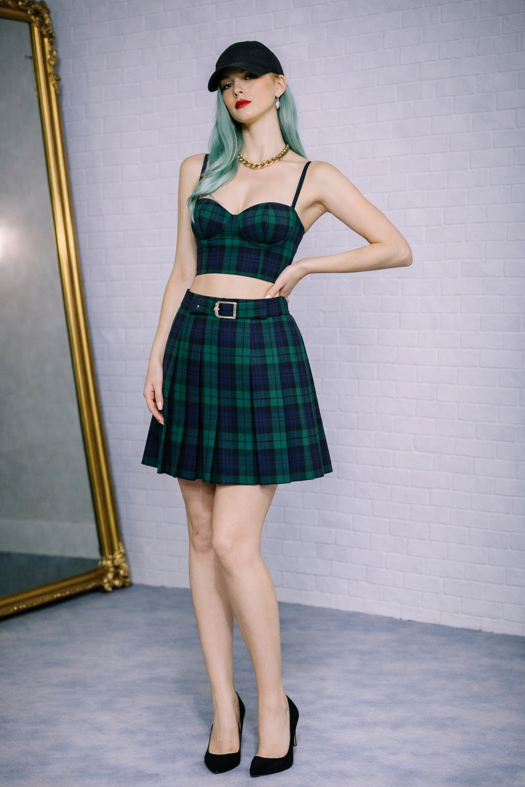 GREEN TARTAN PLAID BUSTIER TOP