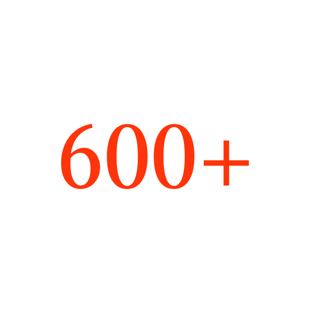Text indicating over 600. The word "OVER" is in bold black letters, with "600+" in large red font underneath.