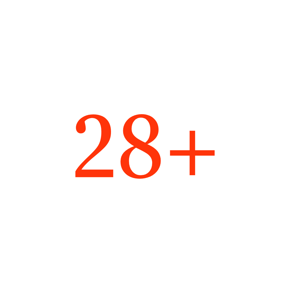 The number 28 with a plus sign indicating more than 28.