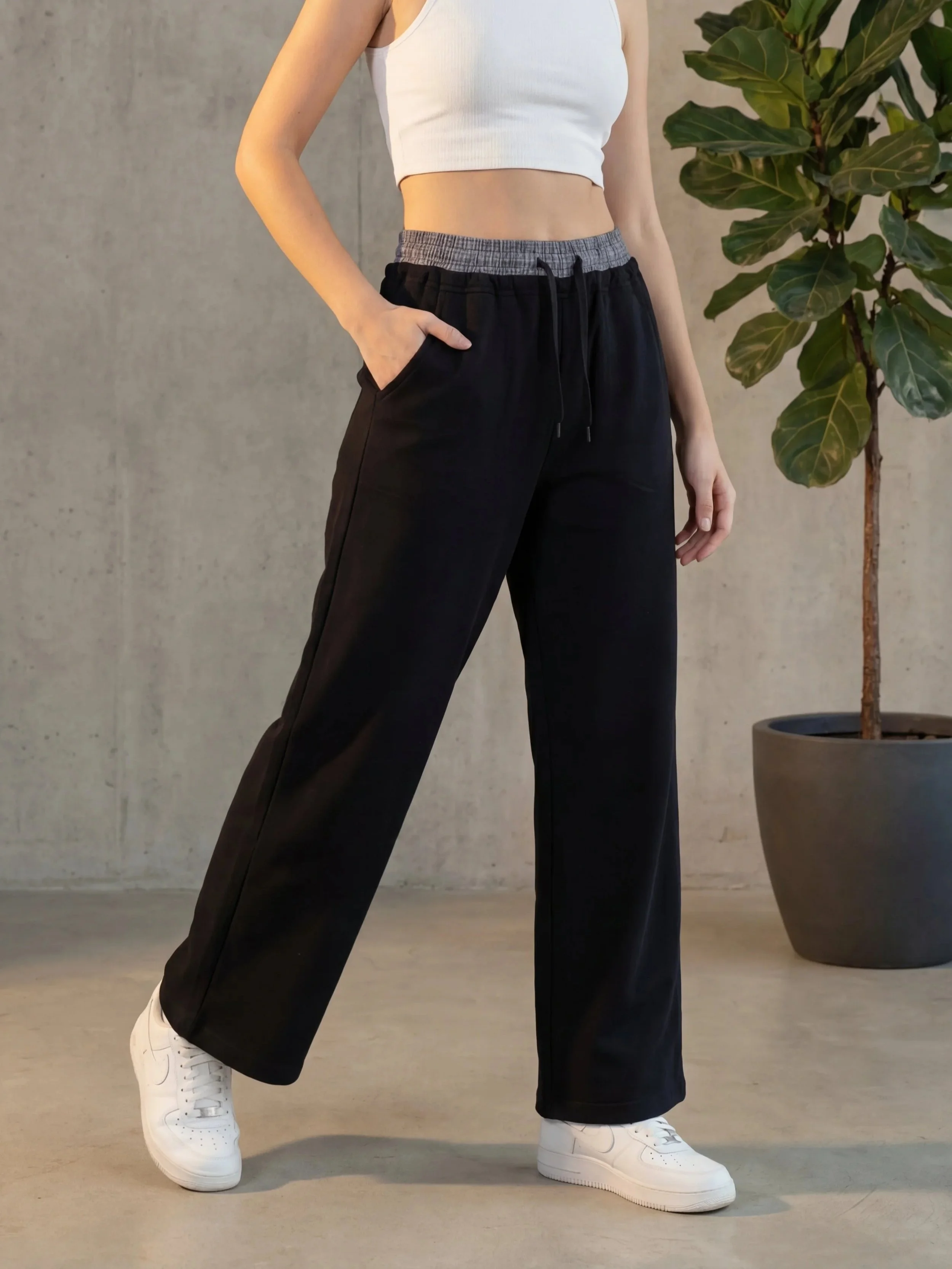 Clothed in Beauty | Plaid Contrast Waist Black Pants