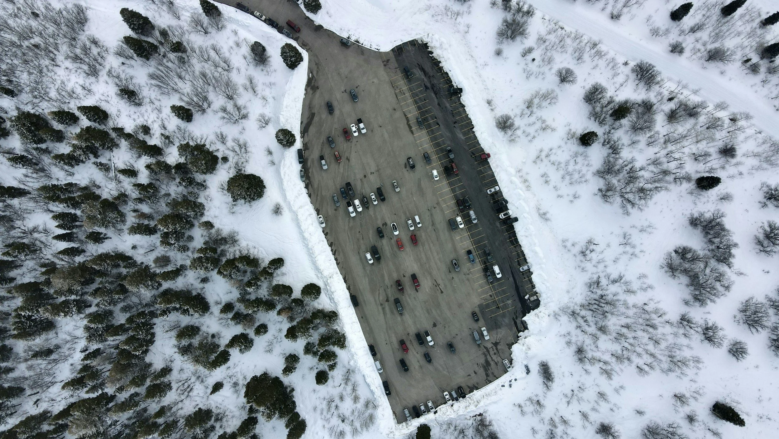Aerial view of a parking lot surrounded by snow-covered trees and landscape during winter.