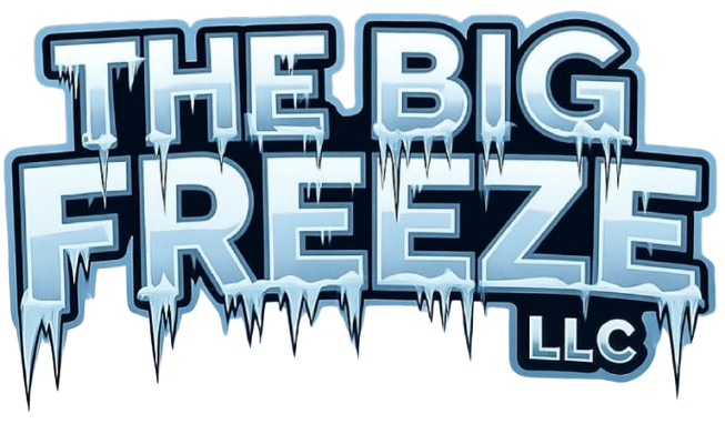 Logo for The Big Freeze LLC with icy, icy lettering and icicles.
