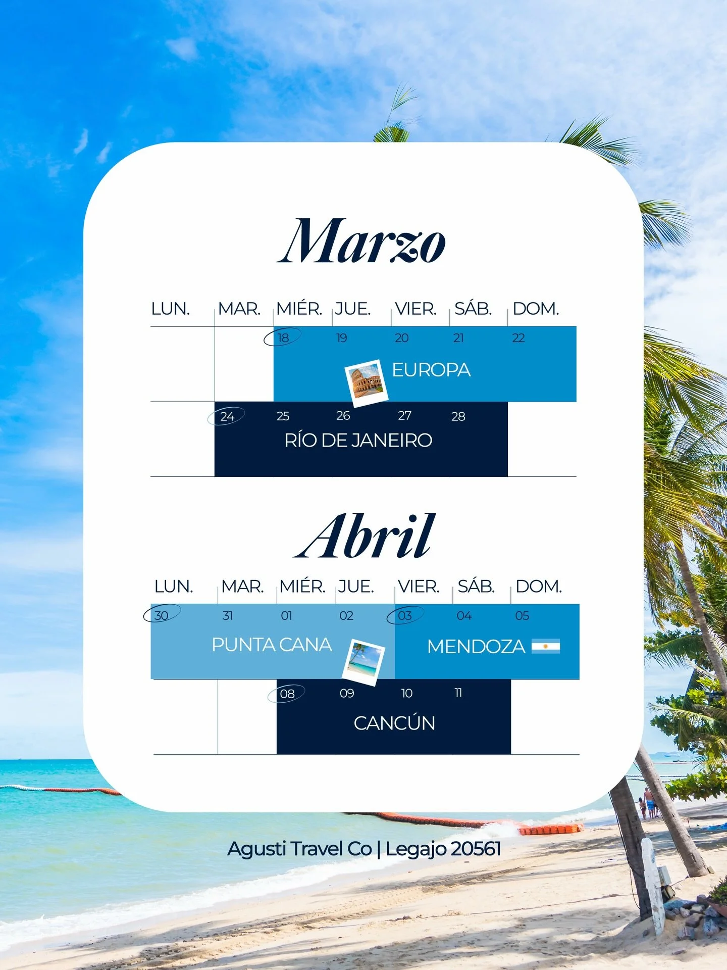 En Agusti Travel te recomendamos algunos de los mejores lugares para viajar en esta temporada

🌸 Europa en primavera
- Clima templado, menos turistas, mejores precios que en verano.

🌴 R&iacute;o de Janeiro y Mendoza
- Clima ideal, no es temporada 