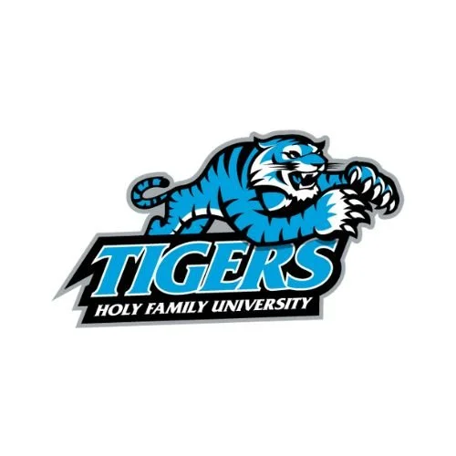 Logo of the Tigers from Holy Family University featuring a blue and black tiger with the text "TIGERS" and "HOLY FAMILY UNIVERSITY".