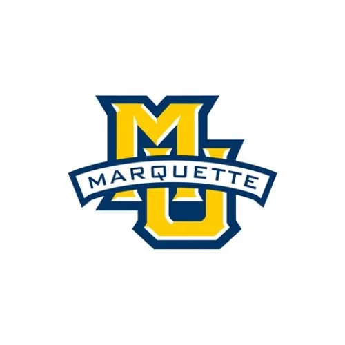 Marquette University logo with a large stylized 'M' and 'U' in yellow and blue, with a banner reading 'Marquette' across the middle.