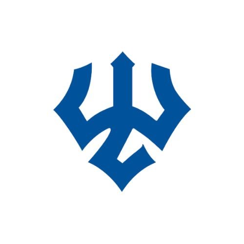 A blue stylized crown logo with sharp edges and symmetrical design.