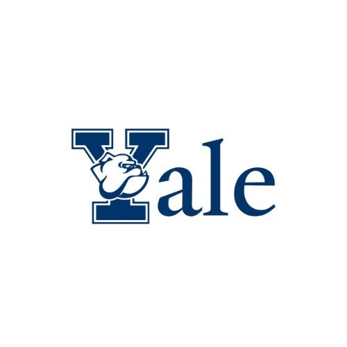 Yale logo with a navy blue letter Y featuring a bulldog mascot, and the word 'ale' in navy blue font.