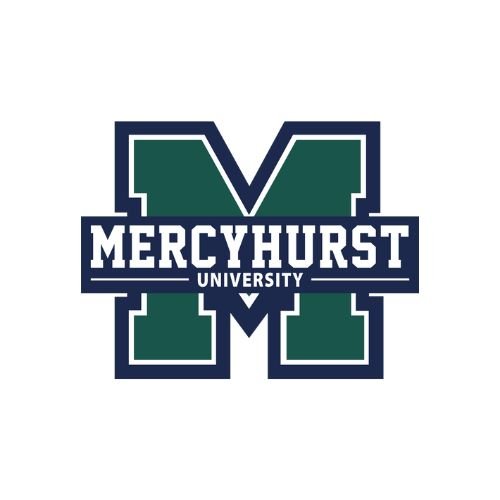 Mercyhurst University logo featuring a large green 'M' with white and navy outline and the text 'Mercyhurst University' across the center.