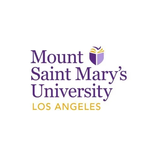 Mount Saint Mary's University logo with purple and gold colors and a shield emblem, and the text "Mount Saint Mary's University, Los Angeles."