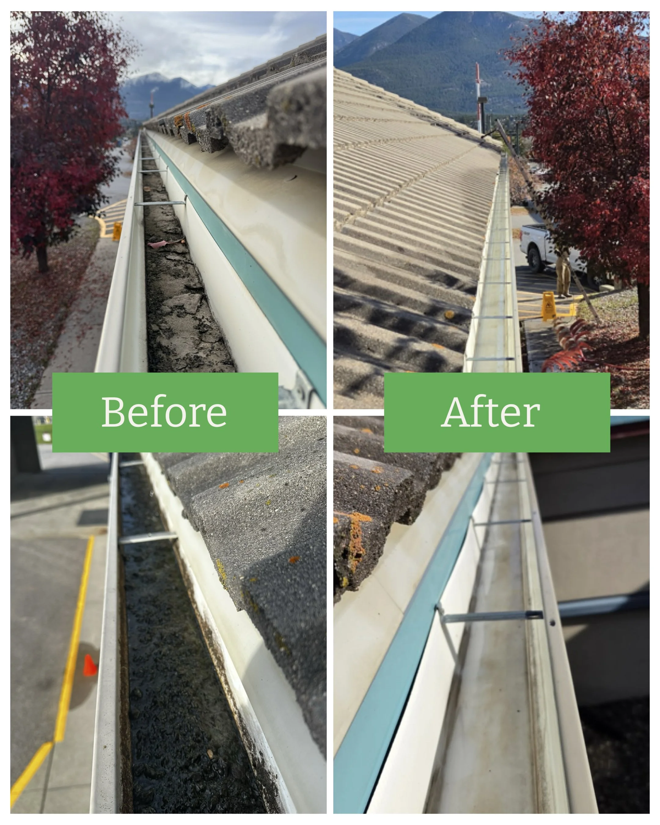 Before and after photos of commercial gutter cleaning at Invermere & District Hospital in Invermere, BC, showing heavily compacted dirt and debris removed by The Valley Shiners.