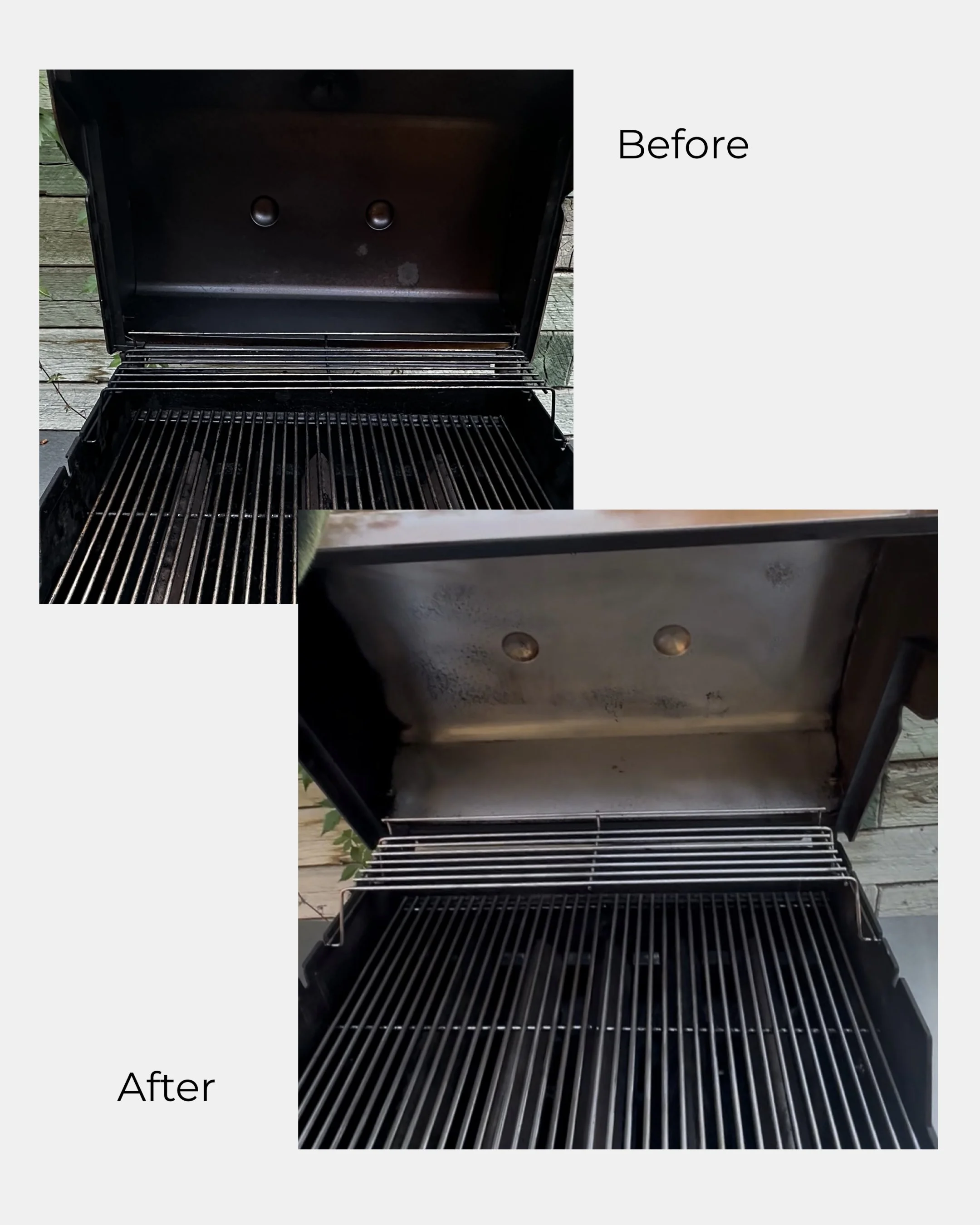 a before and after photo of a bbq in invermere the valley shiners professionally cleaned