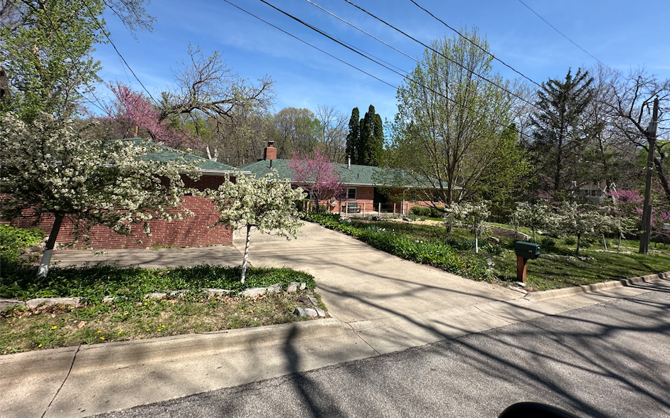 Residential street scene with a house, driveway, spring-blossomed trees, and clear blue sky.