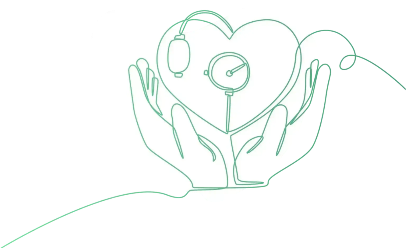Line drawing of a heart with medical equipment and hands around it, symbolizing healthcare or heart health.