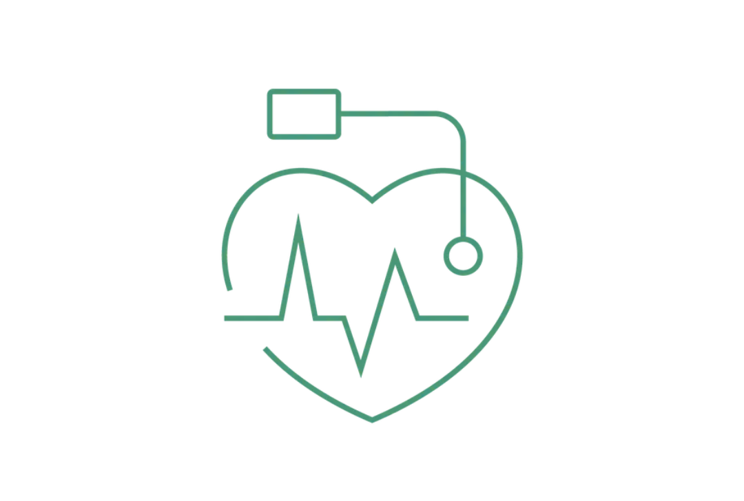 Line drawing of a heart with a pulse line inside, connected to a stethoscope and a monitor.