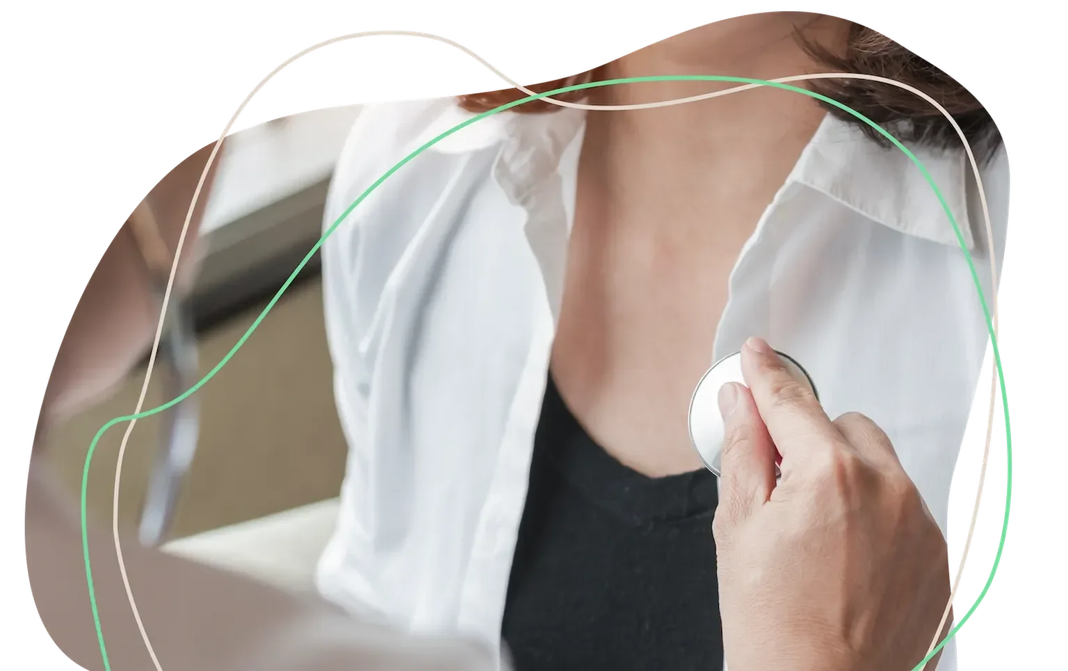 Healthcare provider listening to a patient’s heart with a stethoscope during evaluation of heart palpitations