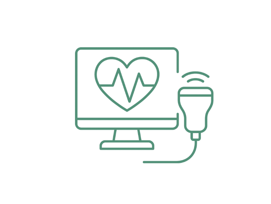 Neon outline of a computer monitor displaying a heart with a heartbeat line, connected to a medical device or defibrillator with wires.