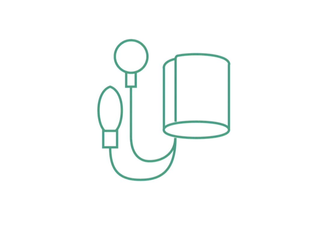 Line drawing of a stethoscope, an otoscope, and a medical examination lamp.