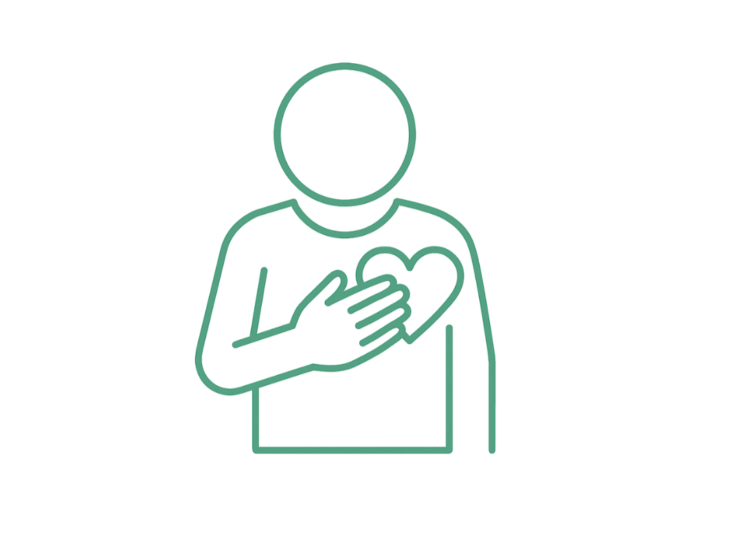Line drawing of a person holding a heart over their chest.