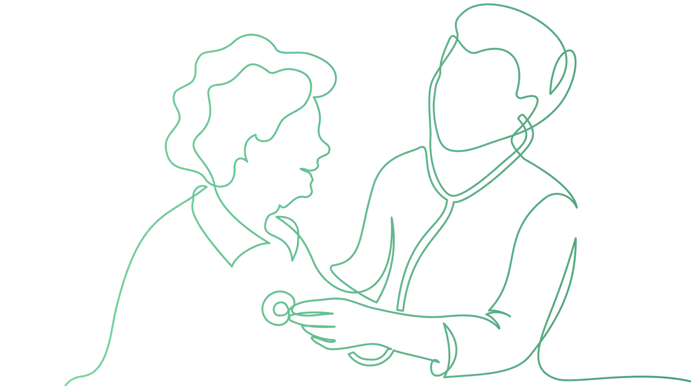 A neon line drawing of two healthcare professionals engaged in a discussion. One is a woman with curly hair, wearing a collared shirt. The other is a man in a headset, possibly a nurse or technician, holding a tablet or medical device.