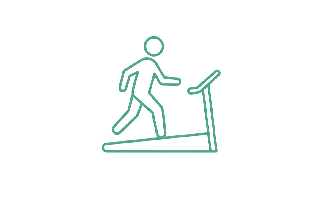 Line drawing of a person walking on a treadmill, with a handrail on the right side.
