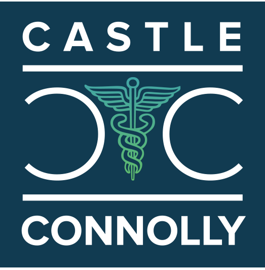 Logo for Castle Connolly featuring the words "Castle" and "Connolly" with a caduceus symbol in between, on a dark blue background.