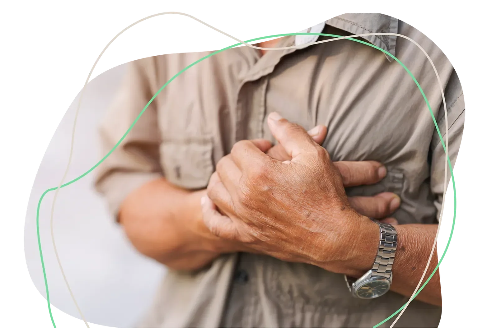 Person experiencing chest pain and clutching chest, symptom of possible heart attack or cardiac condition