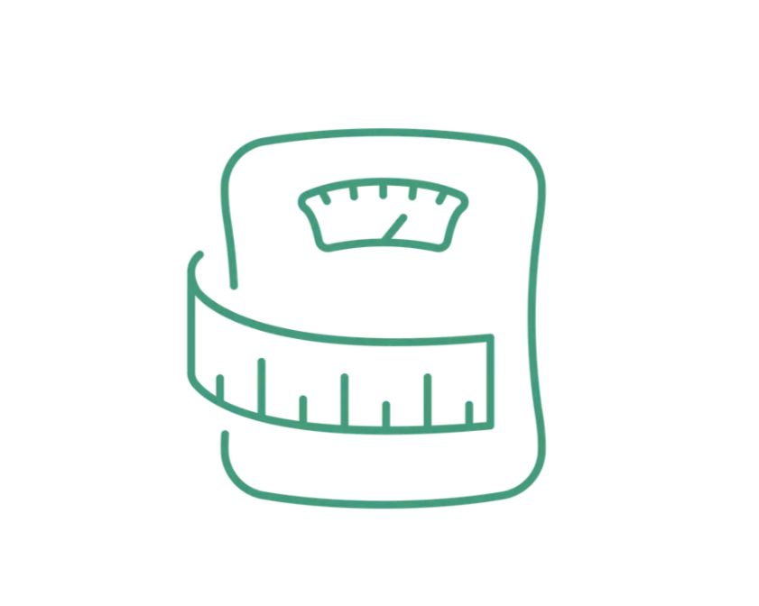 Line drawing of a weighing scale with a measuring tape wrapped around it.