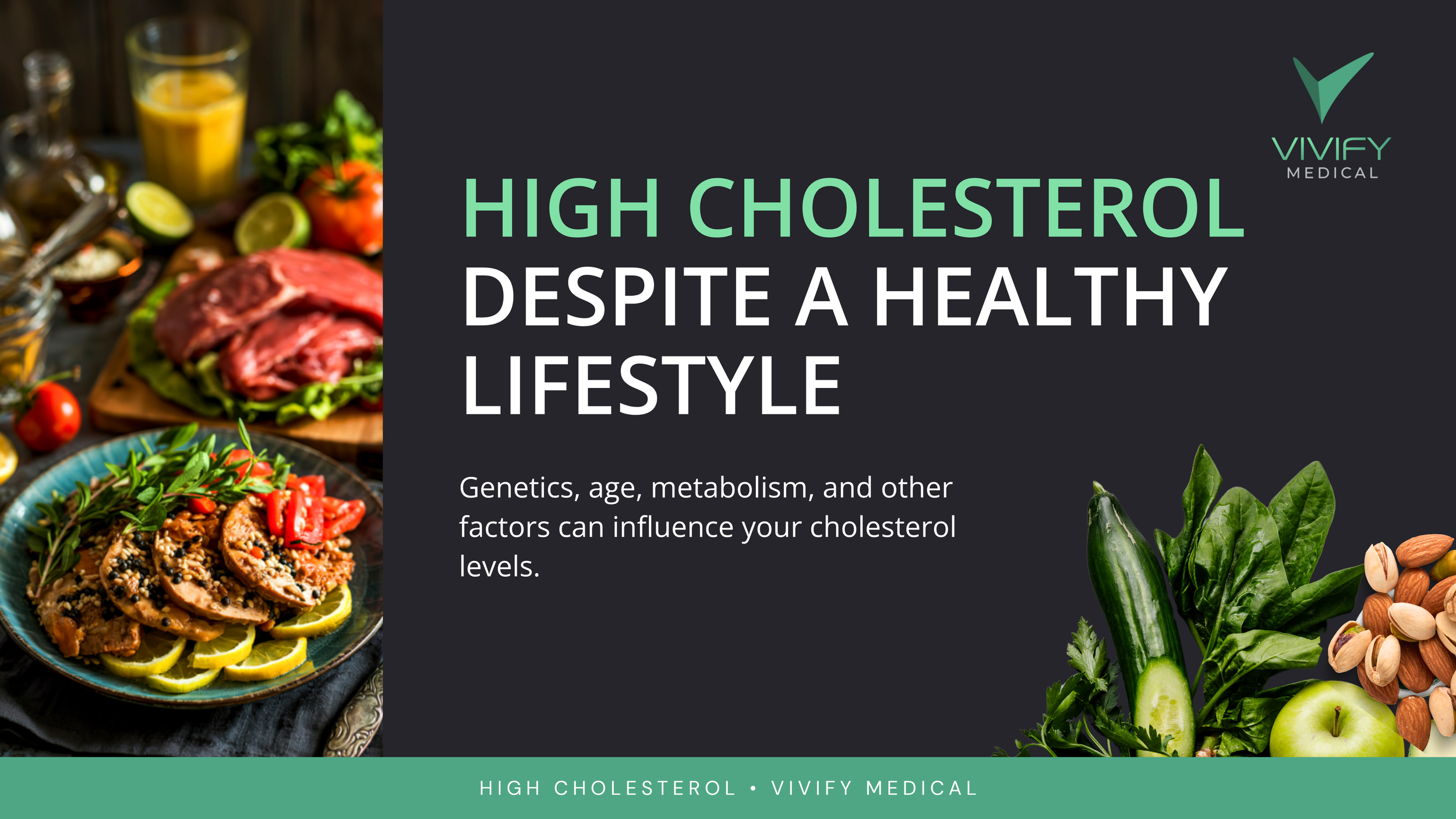 High Cholesterol Despite a Healthy Lifestyle with healthy foods surrounding the title
