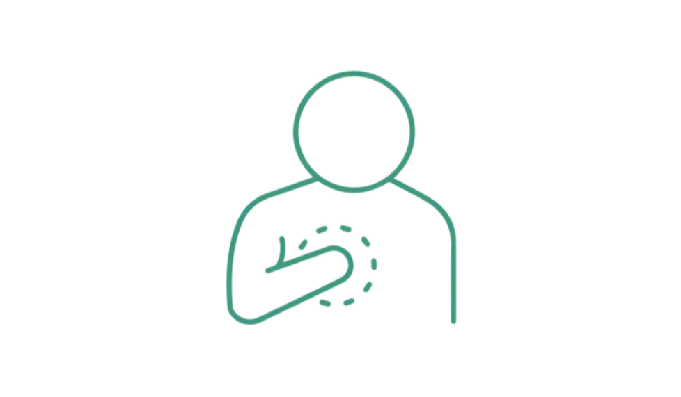 Line drawing of a person with a circle for a head and simple lines for body, with one hand pointing to their chest, indicating feeling unwell or experiencing chest discomfort.