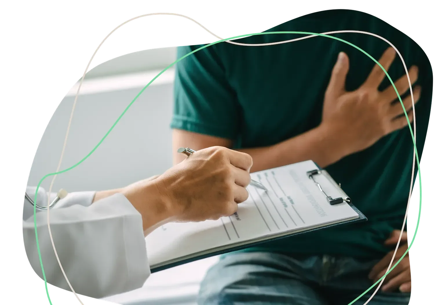 Patient experiencing chest pain holding his chest while a healthcare provider stands beside him in a clinical setting.