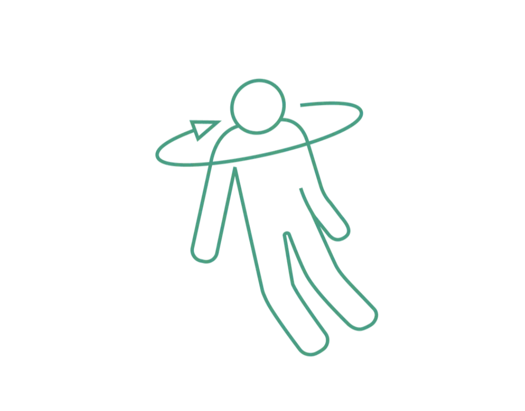 Line drawing of a person floating in space with a ring and arrow around their head.