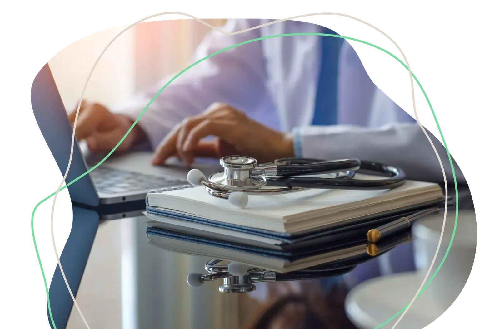 Healthcare provider analyzing remote patient monitoring data on laptop with stethoscope