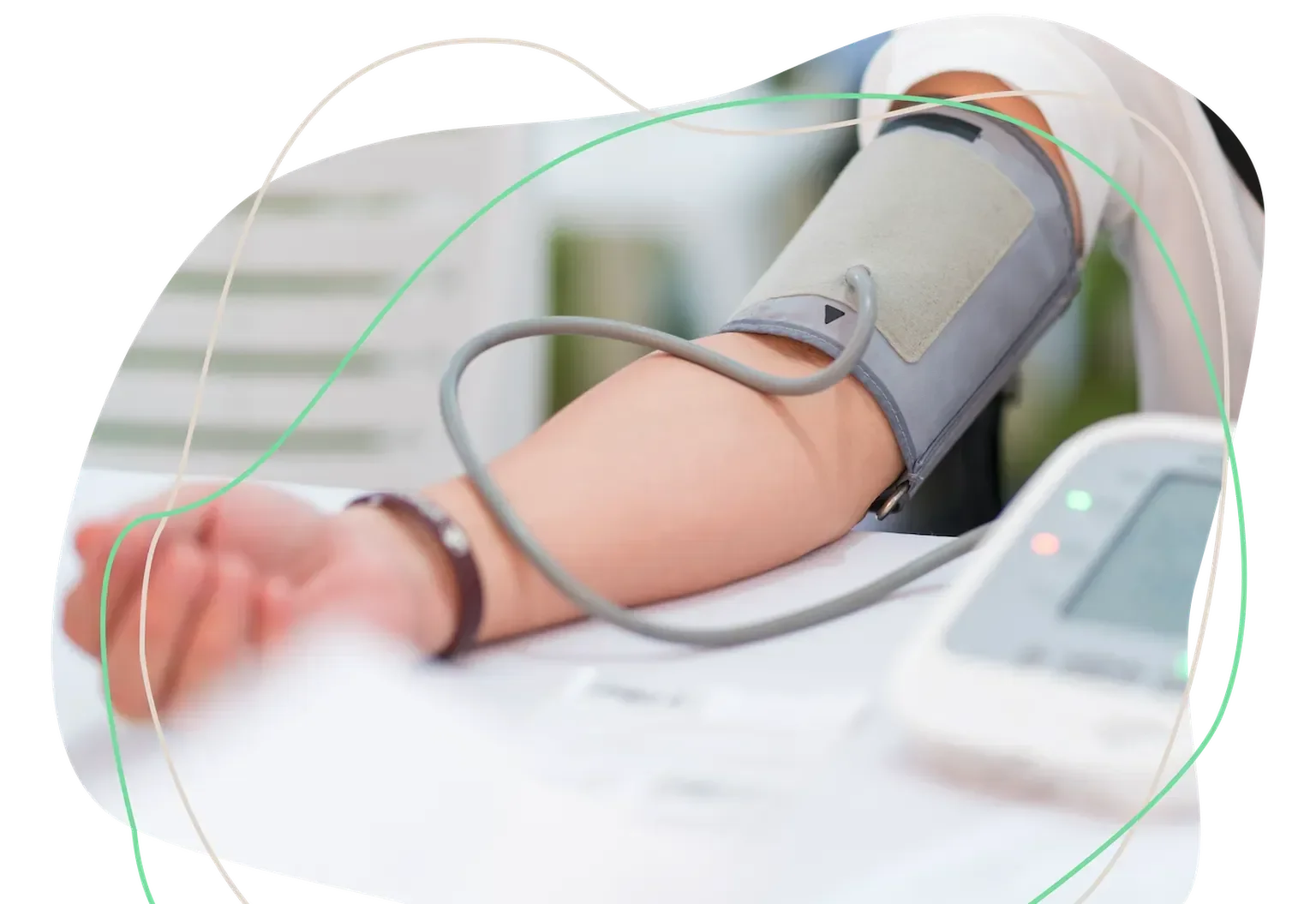 Patient having blood pressure measured with a monitor by a healthcare professional during a hypertension check.