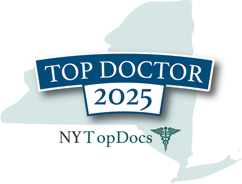 Graphic badge with text 'Top Doctor 2025' and a caduceus symbol on a background with black and light gray elements.