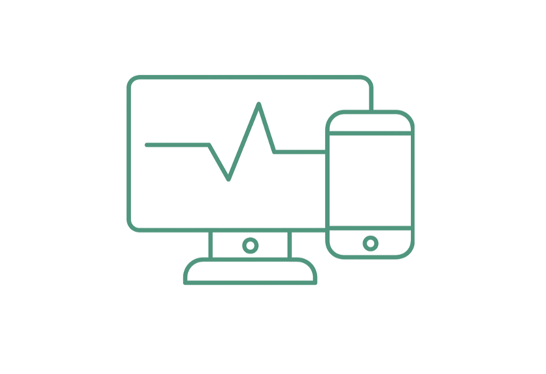Digital illustration of a computer monitor and a smartphone displaying health and fitness data, including a heart rate graph.