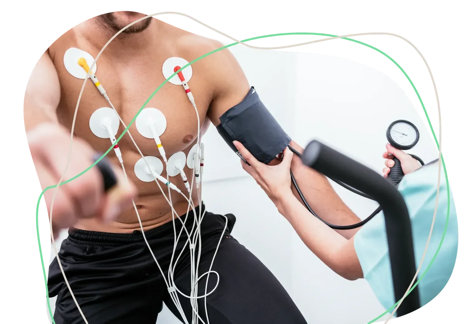 Patient undergoing cardiac stress test with ECG leads and blood pressure monitoring