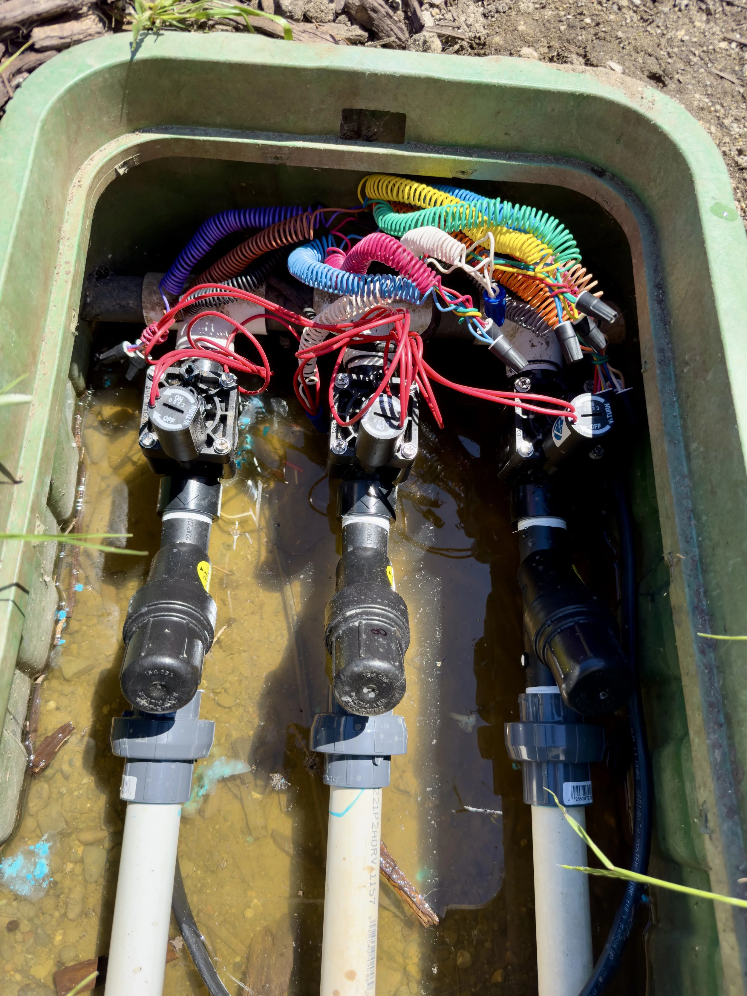 Three  in line sprinkler valves with electrical wiring inside a green container filled with water and debris.
