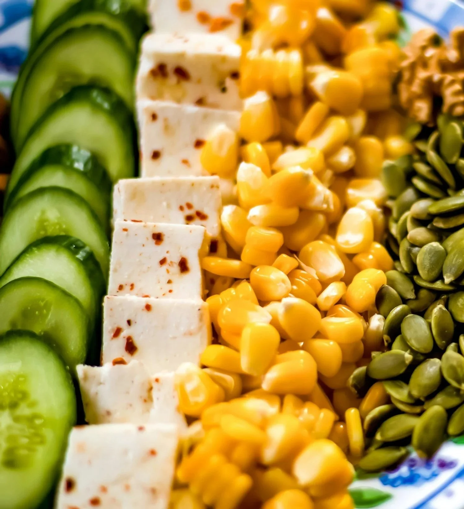 tofu, corn, lentils, cucumber